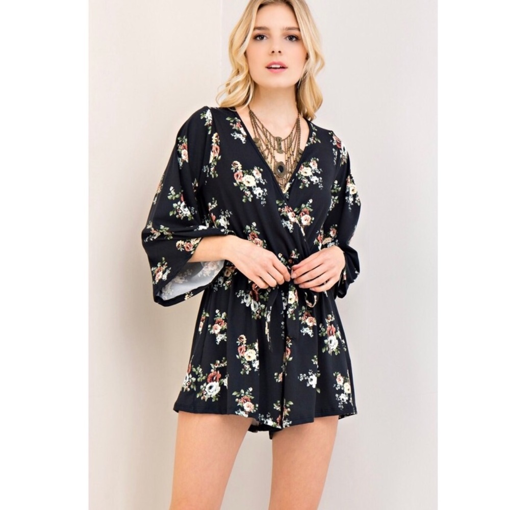 ONE LEFT Floral Waist Tie 3/4 Bell Sleeve Romper